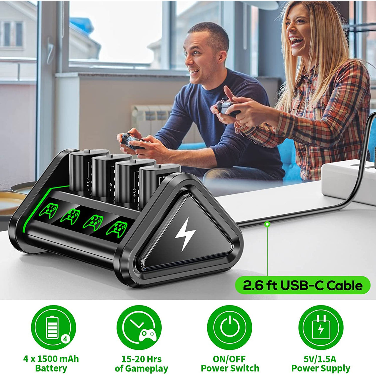 Rechargeable Battery Packs 4 x 1500mAh Xbox One Rechargeable Battery Pack with Charger Station, Xbox Controller Battery Packs with Charging Dock for Xbox Series X/S/One X/S/Elite